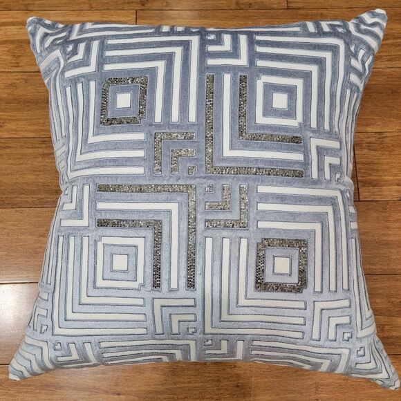 CALLISTO HOME Embroidered Beaded Pillow 22x22 Duck DownBlue White Velvet Linen
